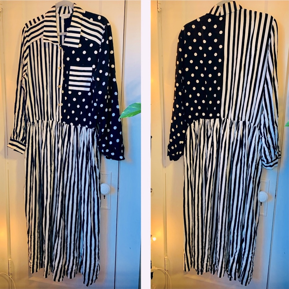 Halloween Spooky Berkeley B&W Polka Dot Stripe Button Up Dress S18